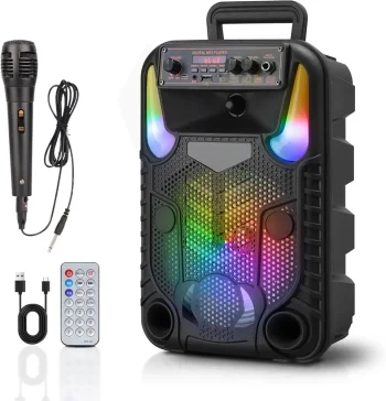 Elimavi Karaoke Machine with Microphone, 8 inch Portable Speaker and LED Colorful Lights, Subwoofer PA System with Remote Control Supports TF Card/USB/FM/AUX/TWS/MIC (8 inch)